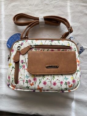 White Floral & Tan Crossbody Bag with Butterflies
